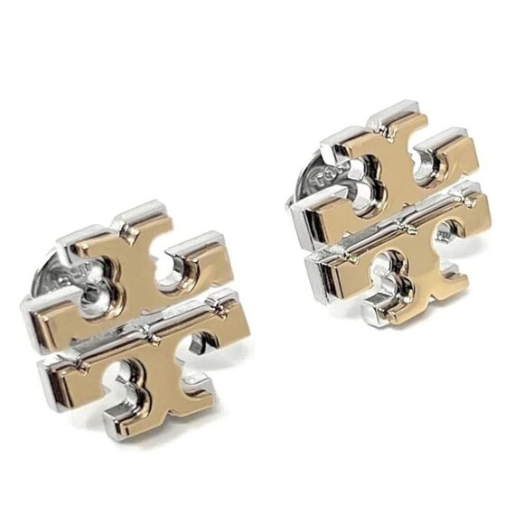 Tory Burch Two Toned Small Logo Earrings Studs New with Tags! - Picture 1 of 2